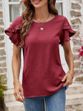 Textured Petal Sleeve Round Neck Tee - Trendsi - Flyclothing LLC