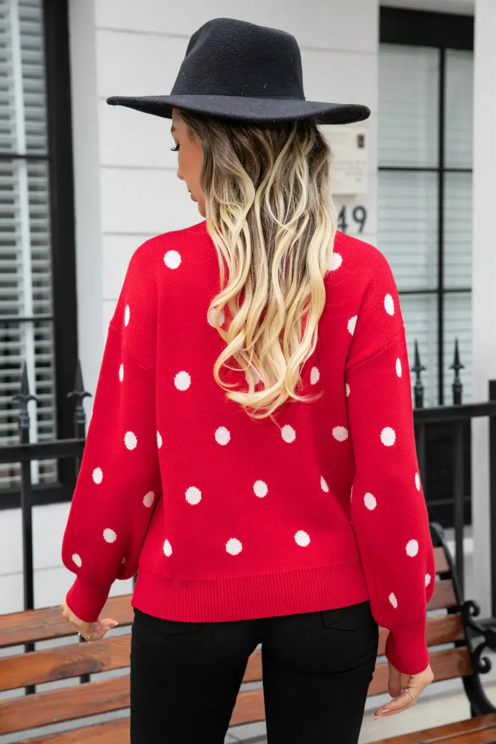 Polka Dot Round Neck Dropped Shoulder Sweater - Trendsi - Flyclothing LLC