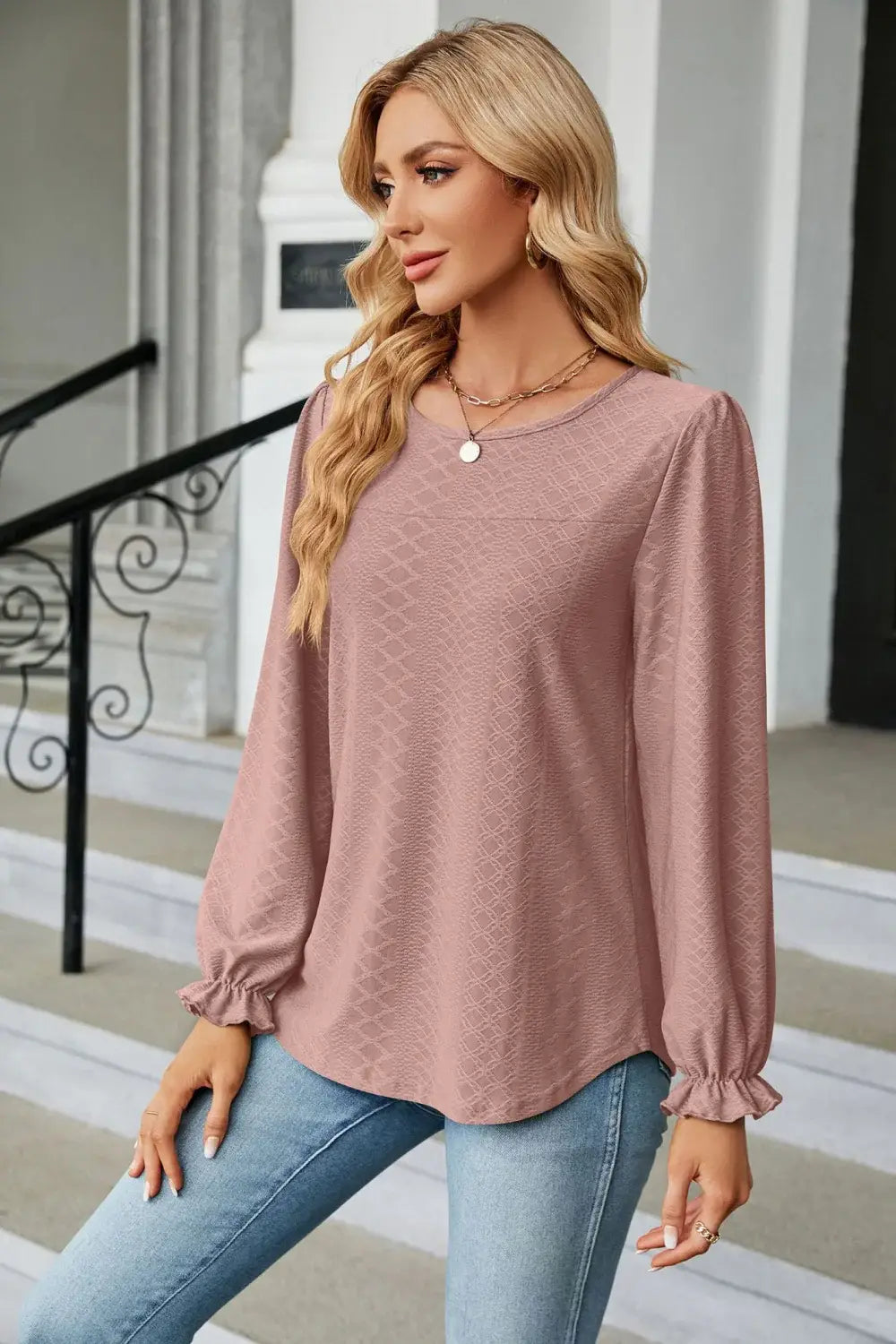Round Neck Flounce Sleeve Blouse - Trendsi - Flyclothing LLC