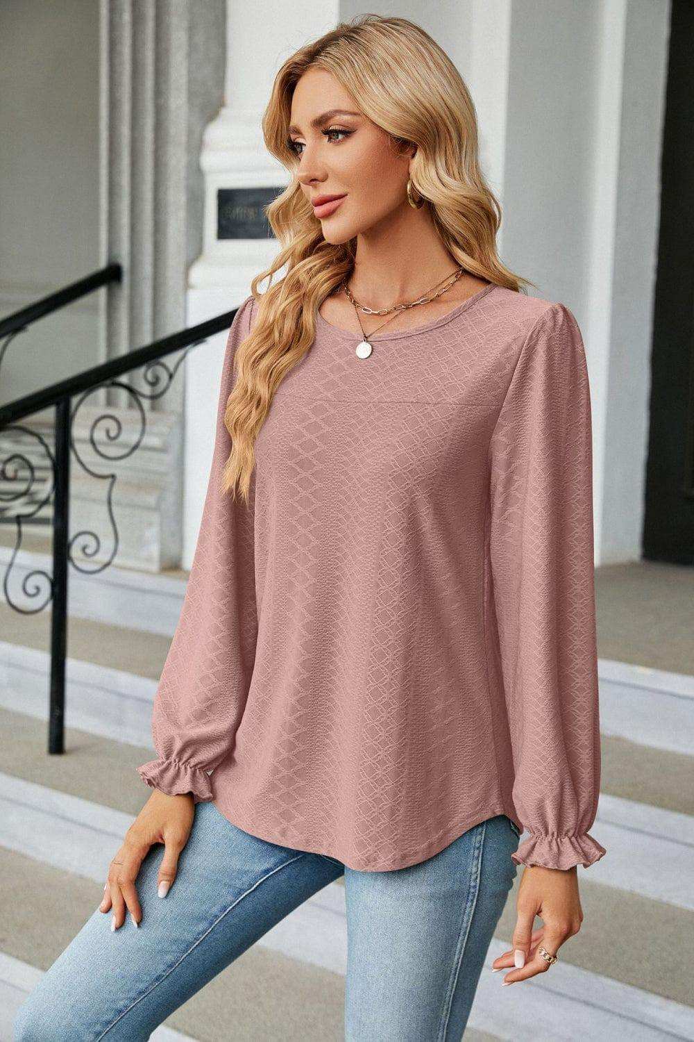 Round Neck Flounce Sleeve Blouse - Trendsi - Flyclothing LLC