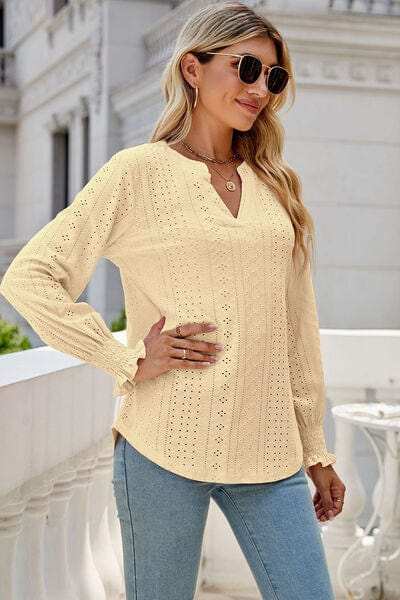 Eyelet Notched Lantern Sleeve T-Shirt - Trendsi - Flyclothing LLC