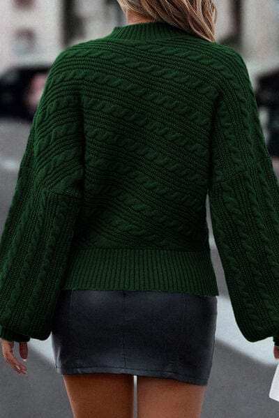 Cable-Knit Mock Neck Dropped Shoulder Sweater - Trendsi - Flyclothing LLC