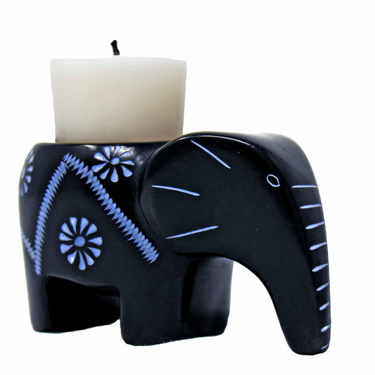 Elephant Soapstone Tea Light - Black Finish with Etch Design - Flyclothing LLC