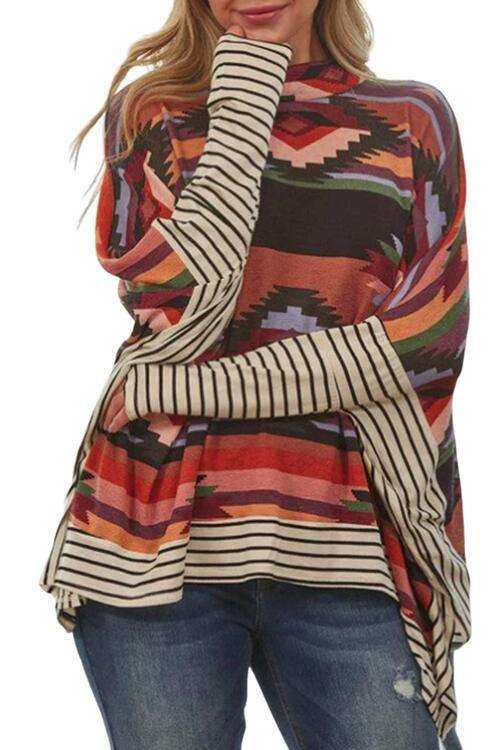 Geometric Striped Splicing Round Neck Blouse - Trendsi - Flyclothing LLC