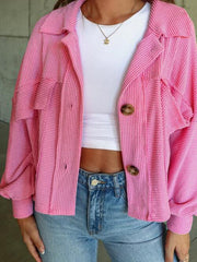 Ribbed Collared Neck Button Up Jacket - Trendsi
