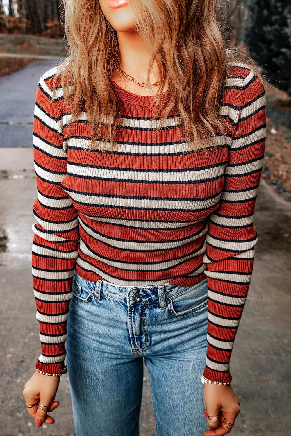 Striped Round Neck Long Sleeve Top - Trendsi - Flyclothing LLC