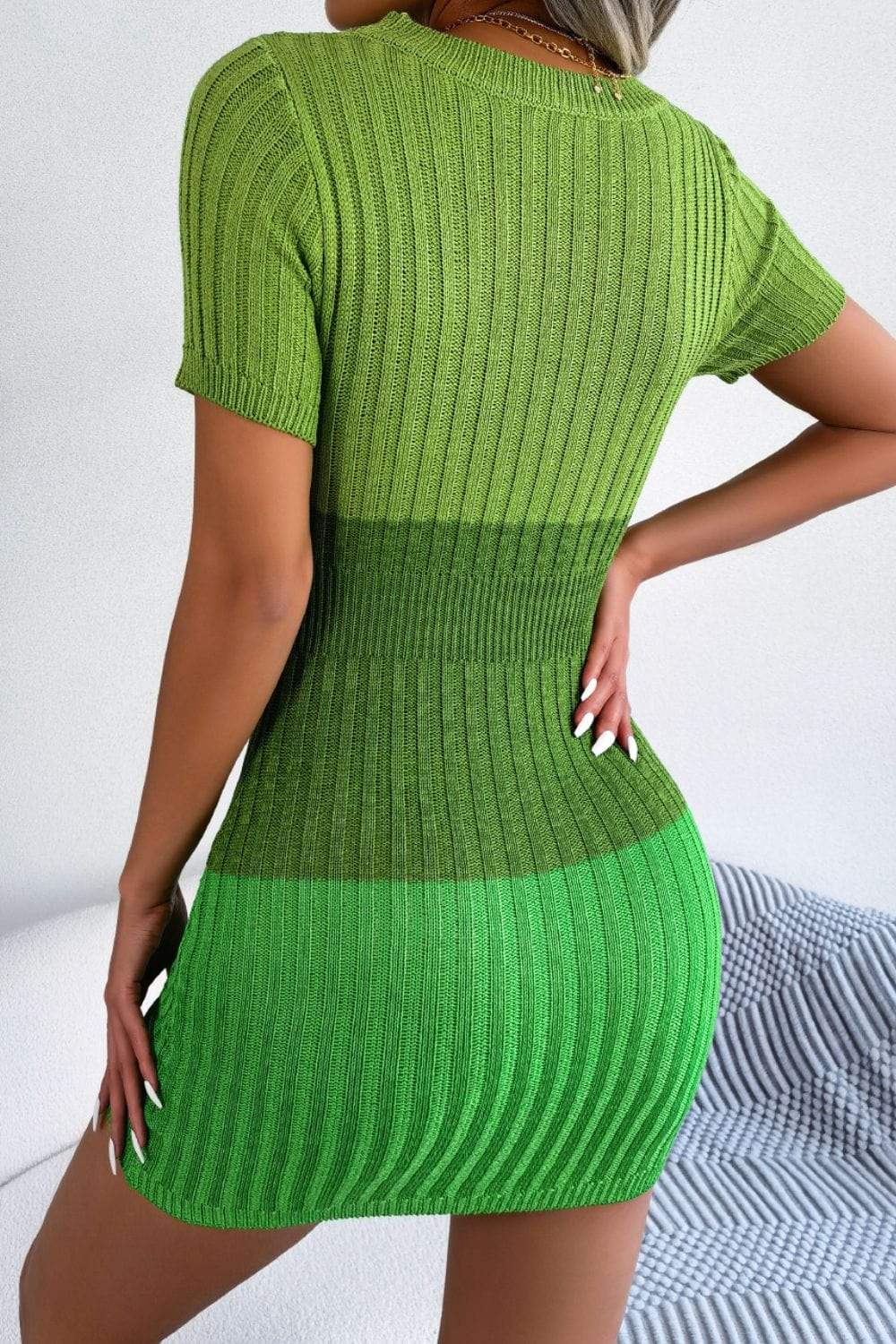 Color Block Cutout Short Sleeve Sweater Dress - Trendsi - Flyclothing LLC