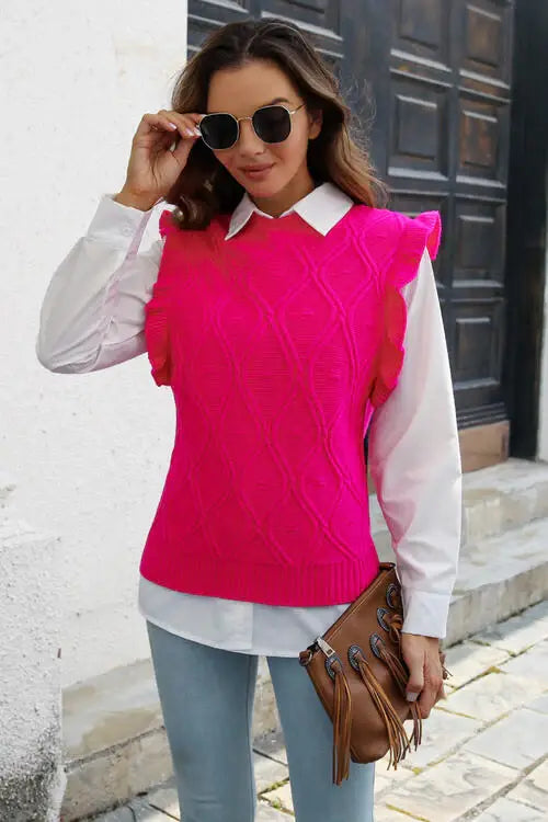 Round Neck Ruffled Sweater Vet - Trendsi - Flyclothing LLC