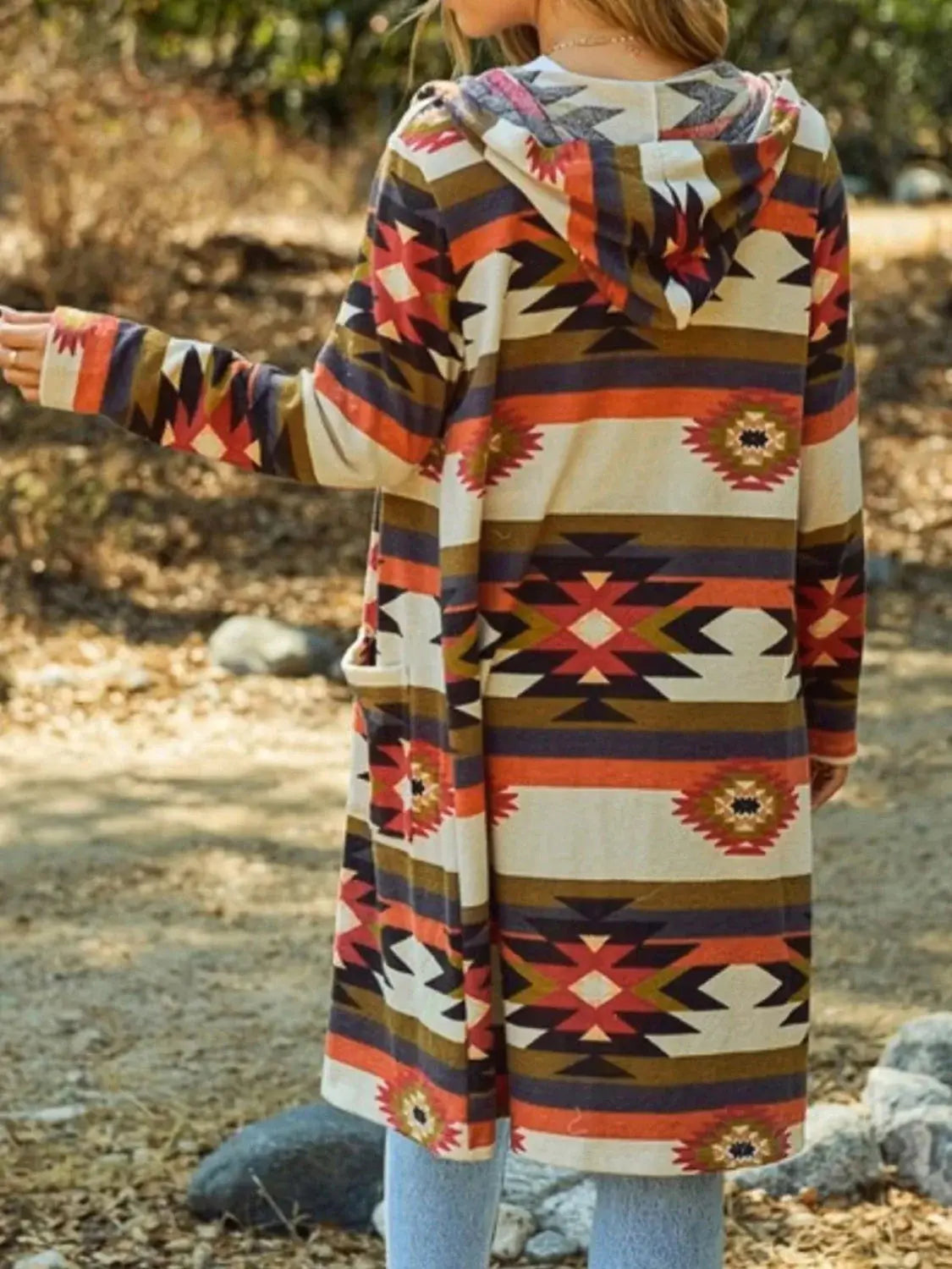 Geometric Hooded Cardigan with Pockets - Trendsi - Flyclothing LLC