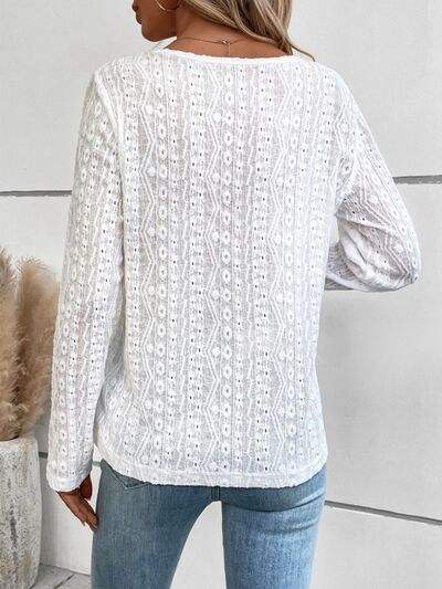 Openwork Half Button Long Sleeve Blouse - Trendsi - Flyclothing LLC