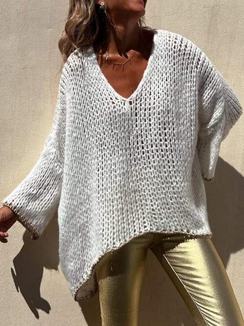 Contrast V-Neck Long Sleeve Sweater - Trendsi - Flyclothing LLC