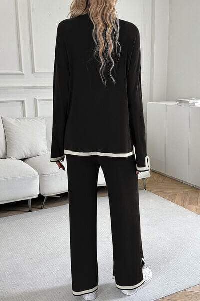 Contrast Trim Round Neck Top and Pants Set - Trendsi - Flyclothing LLC