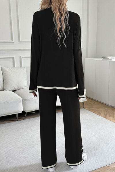 Contrast Trim Round Neck Top and Pants Set - Trendsi - Flyclothing LLC