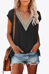 Eyelet Contrast V-Neck Tee - Trendsi - Flyclothing LLC