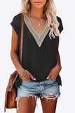 Eyelet Contrast V-Neck Tee - Trendsi - Flyclothing LLC