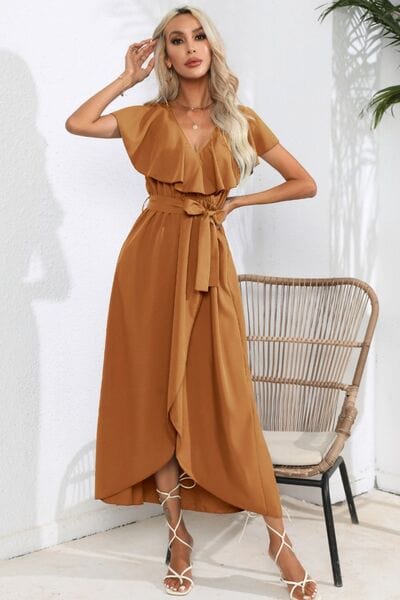 Ruffled Tied V-Neck Midi Dress - Trendsi