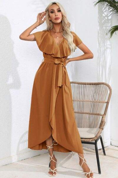 Ruffled Tied V-Neck Midi Dress - Trendsi - Flyclothing LLC