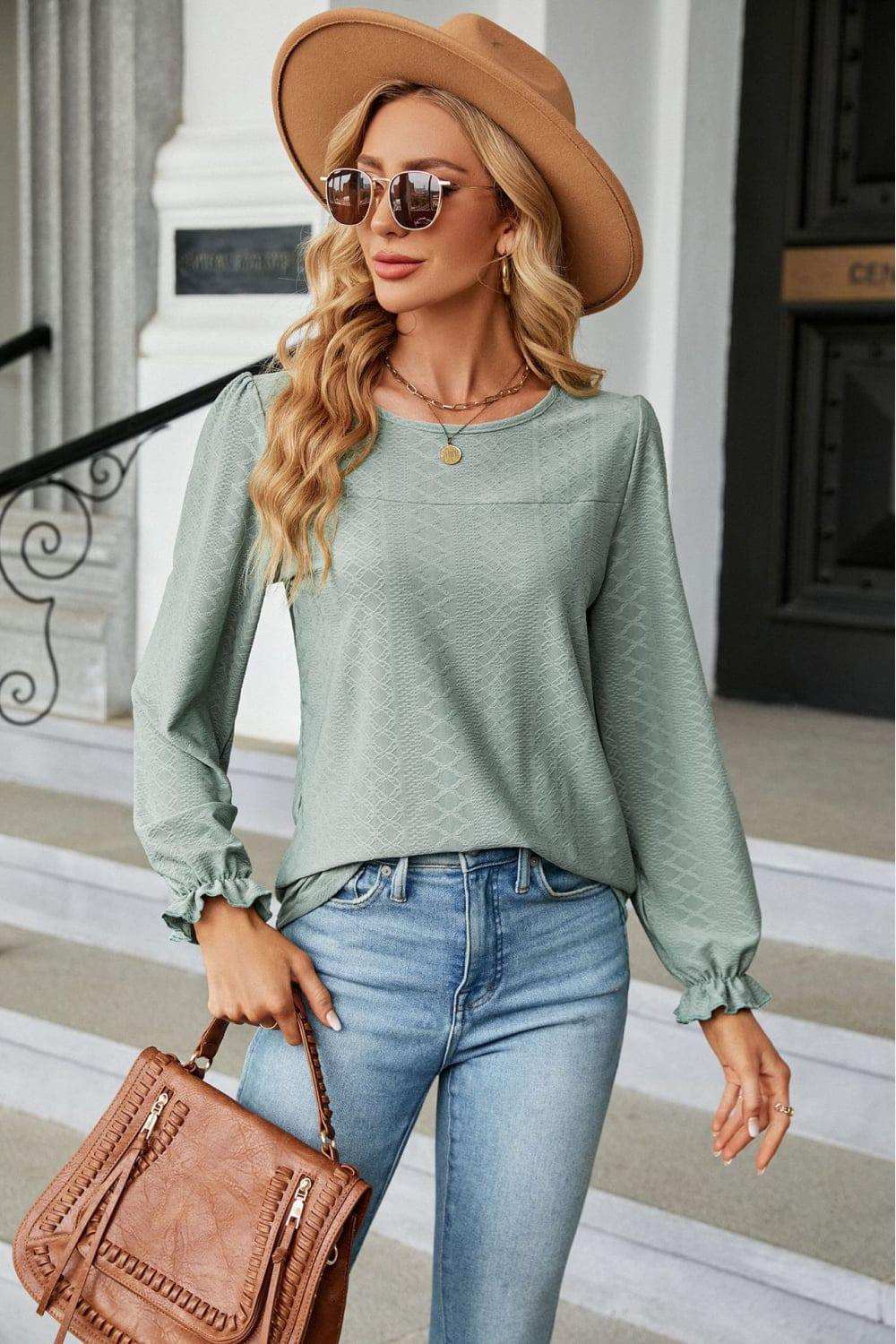 Round Neck Flounce Sleeve Blouse - Trendsi - Flyclothing LLC