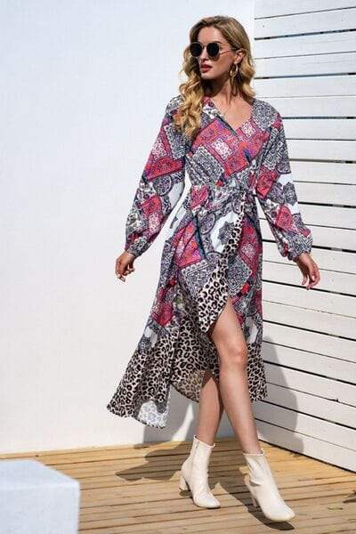 Leopard Ruffle Trim V-Neck Printed Dress - Trendsi - Flyclothing LLC