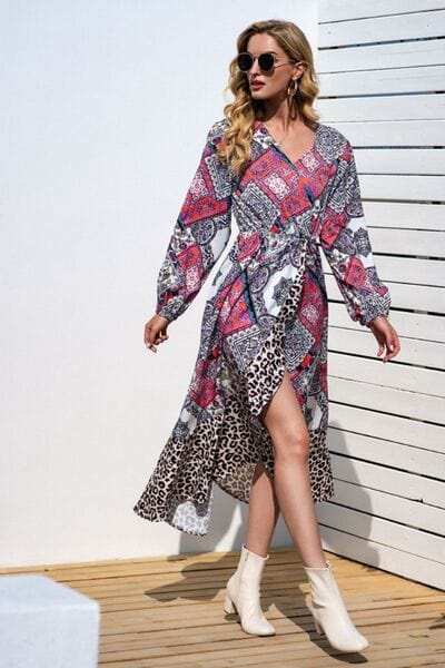 Leopard Ruffle Trim V-Neck Printed Dress - Trendsi - Flyclothing LLC