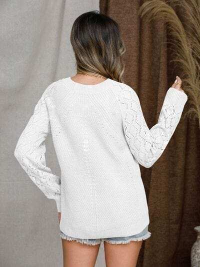 Openwork Round Neck Raglan Sleeve Sweater - Trendsi - Flyclothing LLC