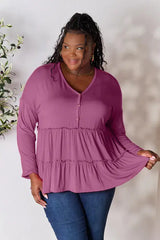 Double Take Half Button Long Sleeve Ruffle Hem Blouse - Trendsi - Flyclothing LLC