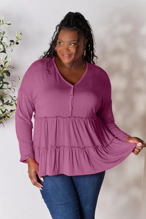Double Take Half Button Long Sleeve Ruffle Hem Blouse - Trendsi - Flyclothing LLC
