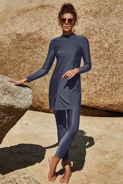 Slit Mock Neck Long Sleeve Top and Pants Swim Set - Trendsi - Flyclothing LLC