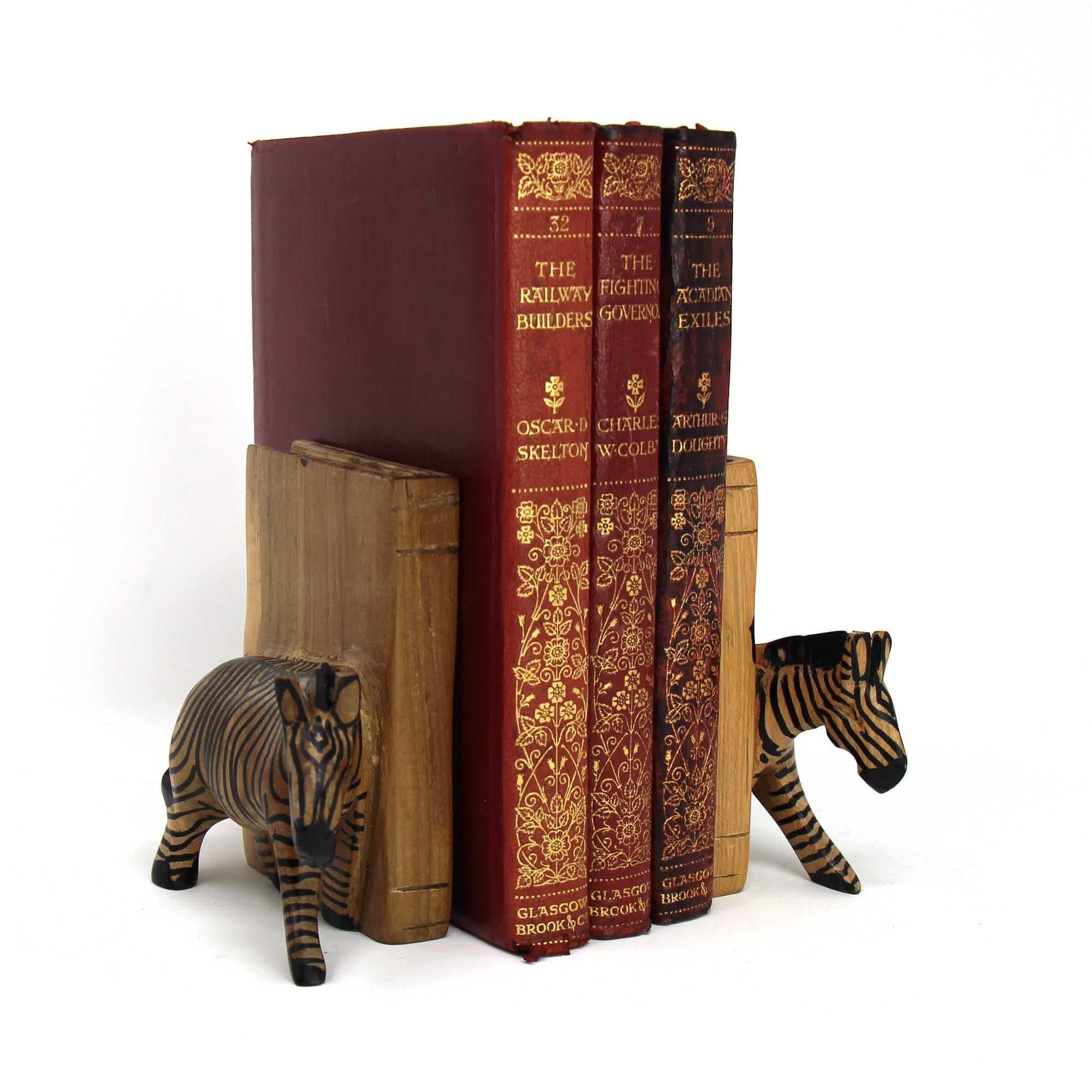 Carved Wood Zebra Book Ends, Set of 2 - Jedando