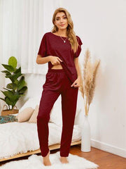 Round Neck Top and Pants Lounge Set - Trendsi