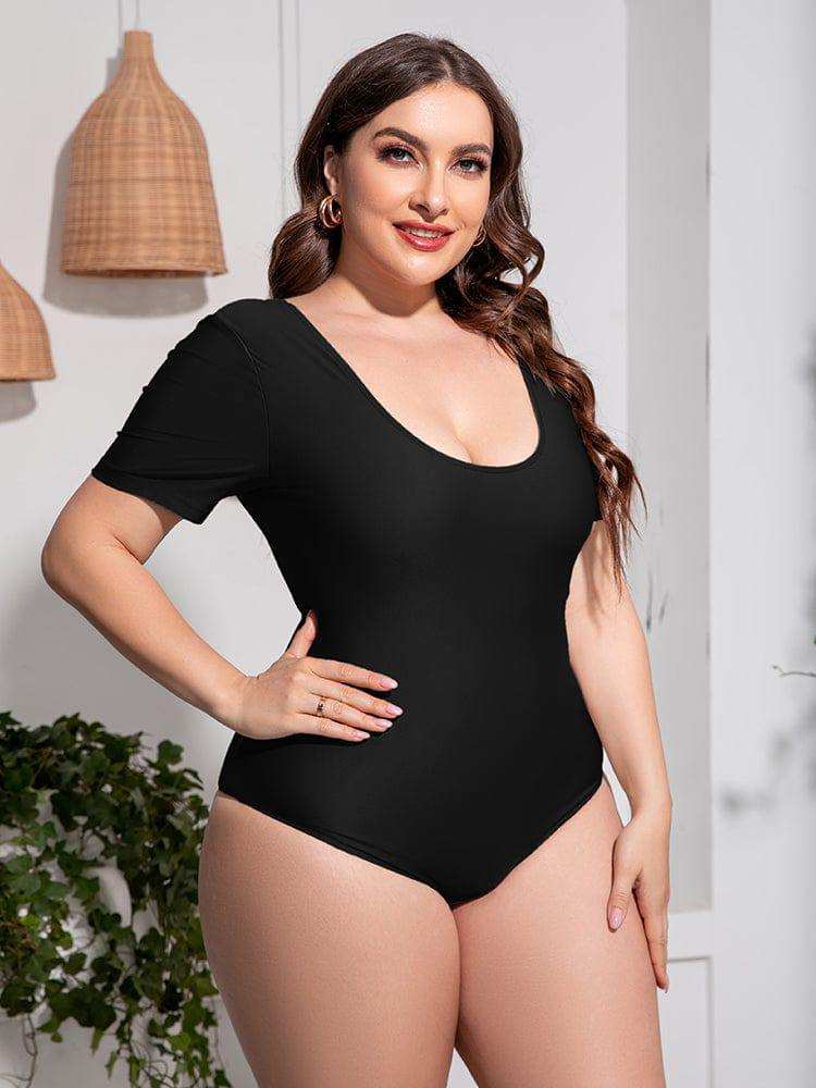 Plus Size Scoop Neck Short Sleeve One-Piece Swimsuit - Trendsi - Flyclothing LLC