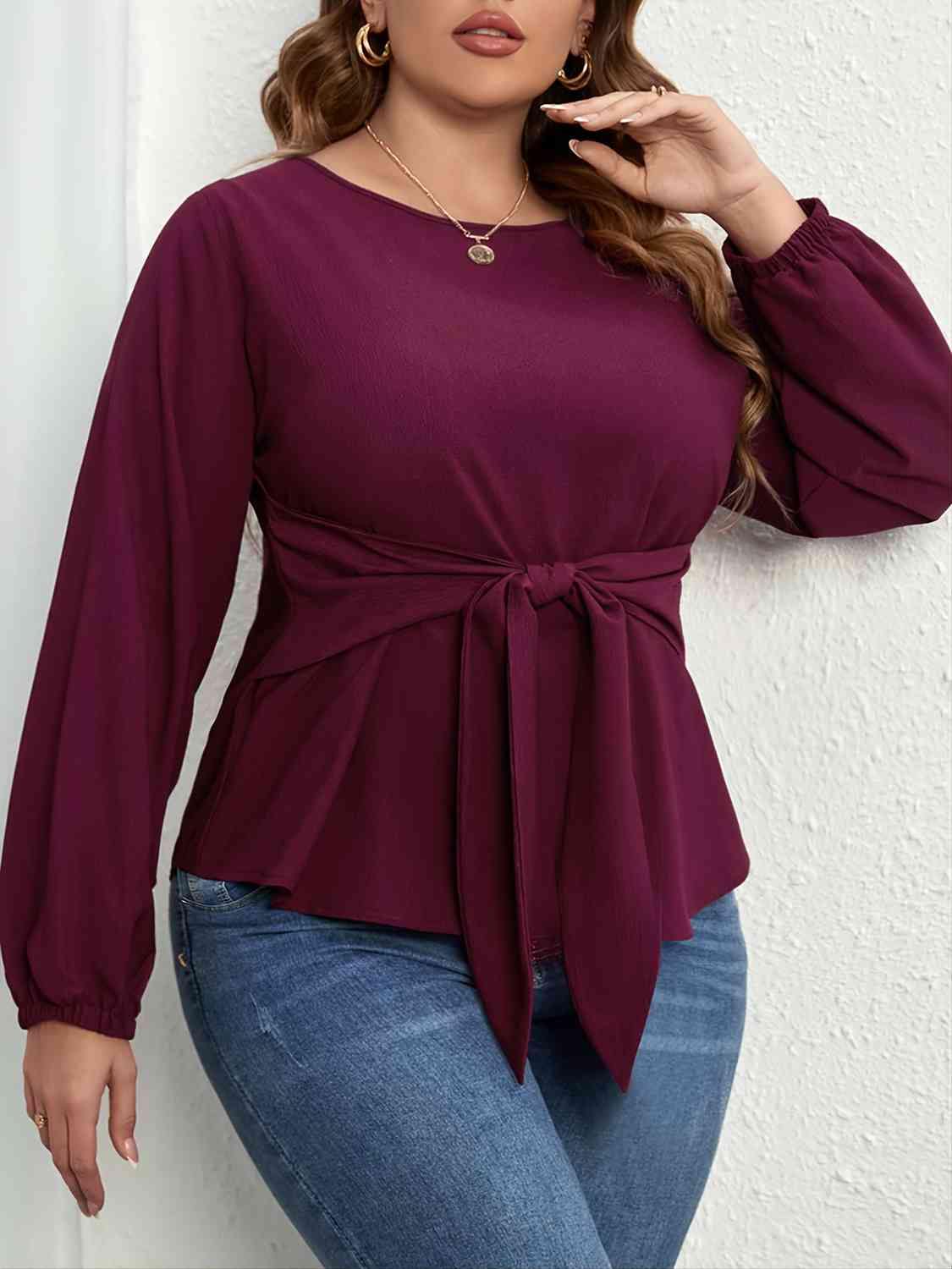 Plus Size Tie Front Long Sleeve Blouse - Trendsi