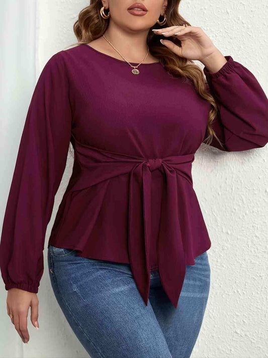 Plus Size Tie Front Long Sleeve Blouse - Trendsi - Flyclothing LLC