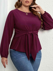 Plus Size Tie Front Long Sleeve Blouse - Trendsi