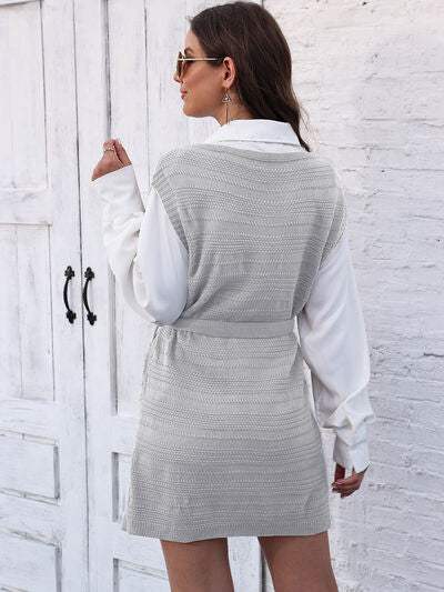 Tie Front V-Neck Sleeveless Slit Sweater Dress - Trendsi - Flyclothing LLC