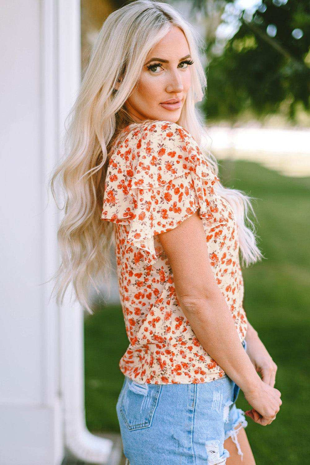 Floral Round Neck Flutter Sleeve Blouse - Trendsi - Flyclothing LLC
