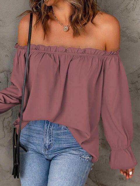 Off-Shoulder Flounce Sleeve Blouse - Trendsi - Flyclothing LLC