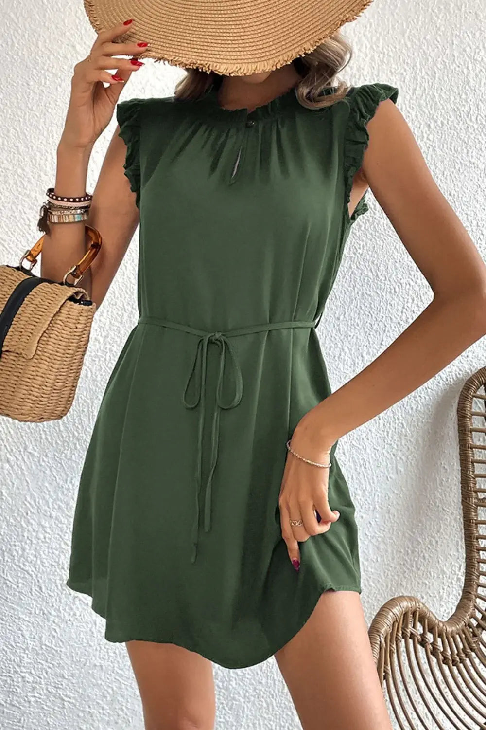 Ruffled Tie-Waist Keyhole Dress - Trendsi - Flyclothing LLC
