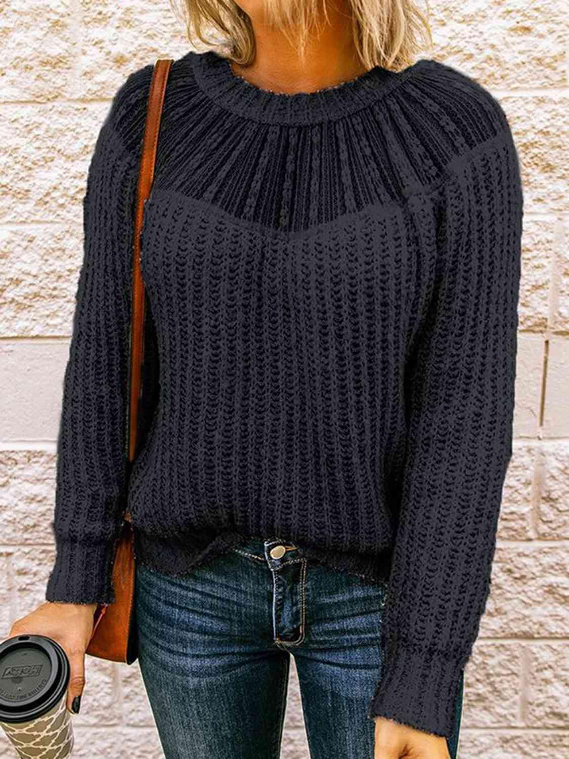 Round Neck Rib-Knit Sweater - Trendsi