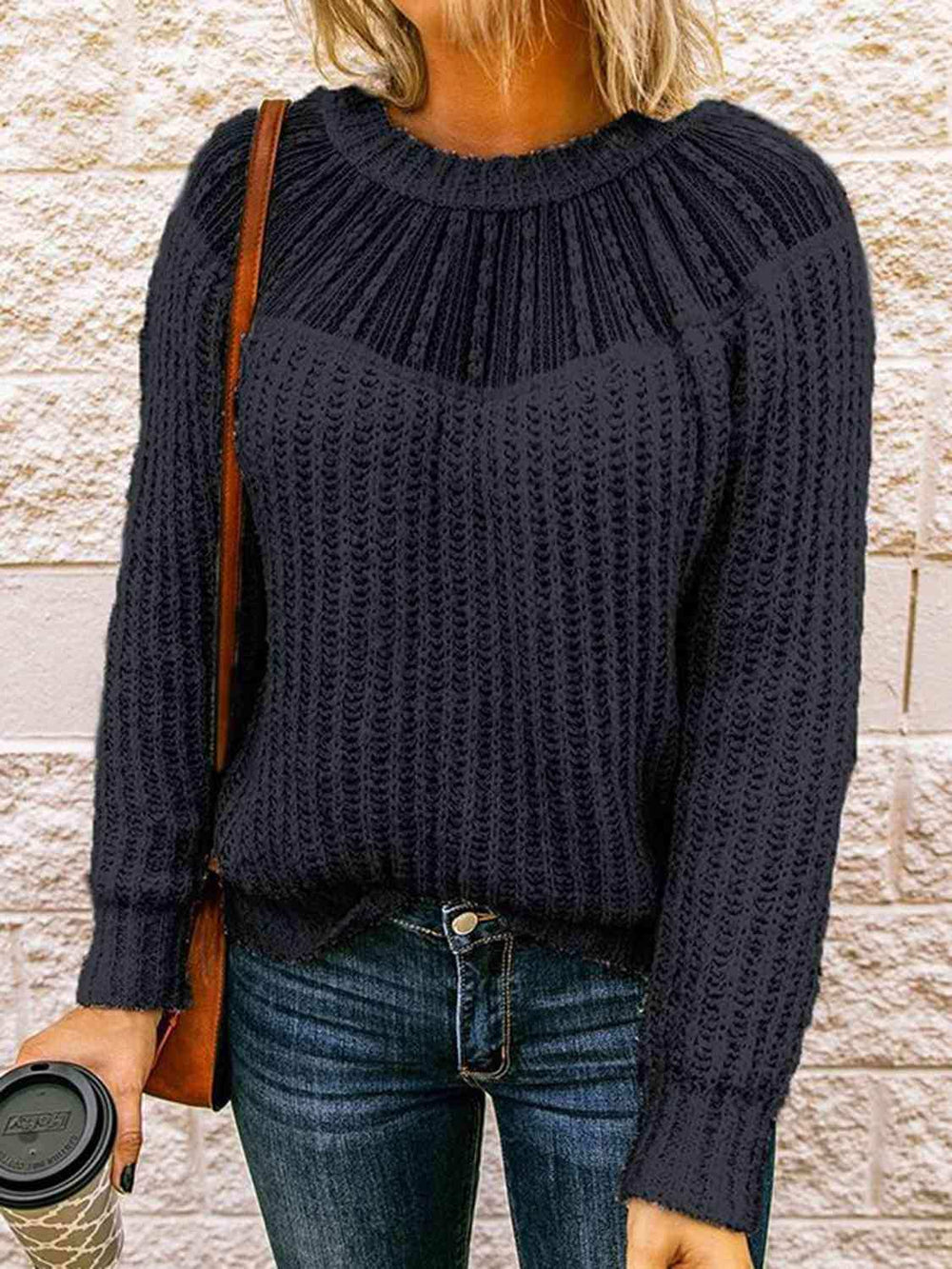 Round Neck Rib-Knit Sweater - Trendsi - Flyclothing LLC