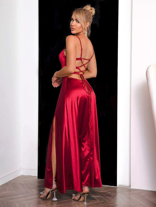 Spaghetti Strap Lace-Up Back Split Dress - Trendsi - Flyclothing LLC