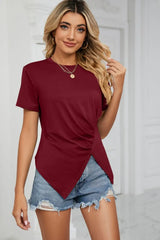 Ruched Hem Detail Crewneck Tee - Trendsi - Flyclothing LLC