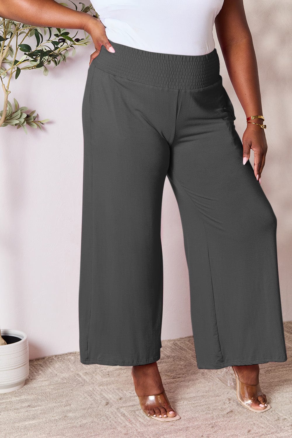 Double Take Full Size Smocked Wide Waistband Wide Leg Pants - Trendsi