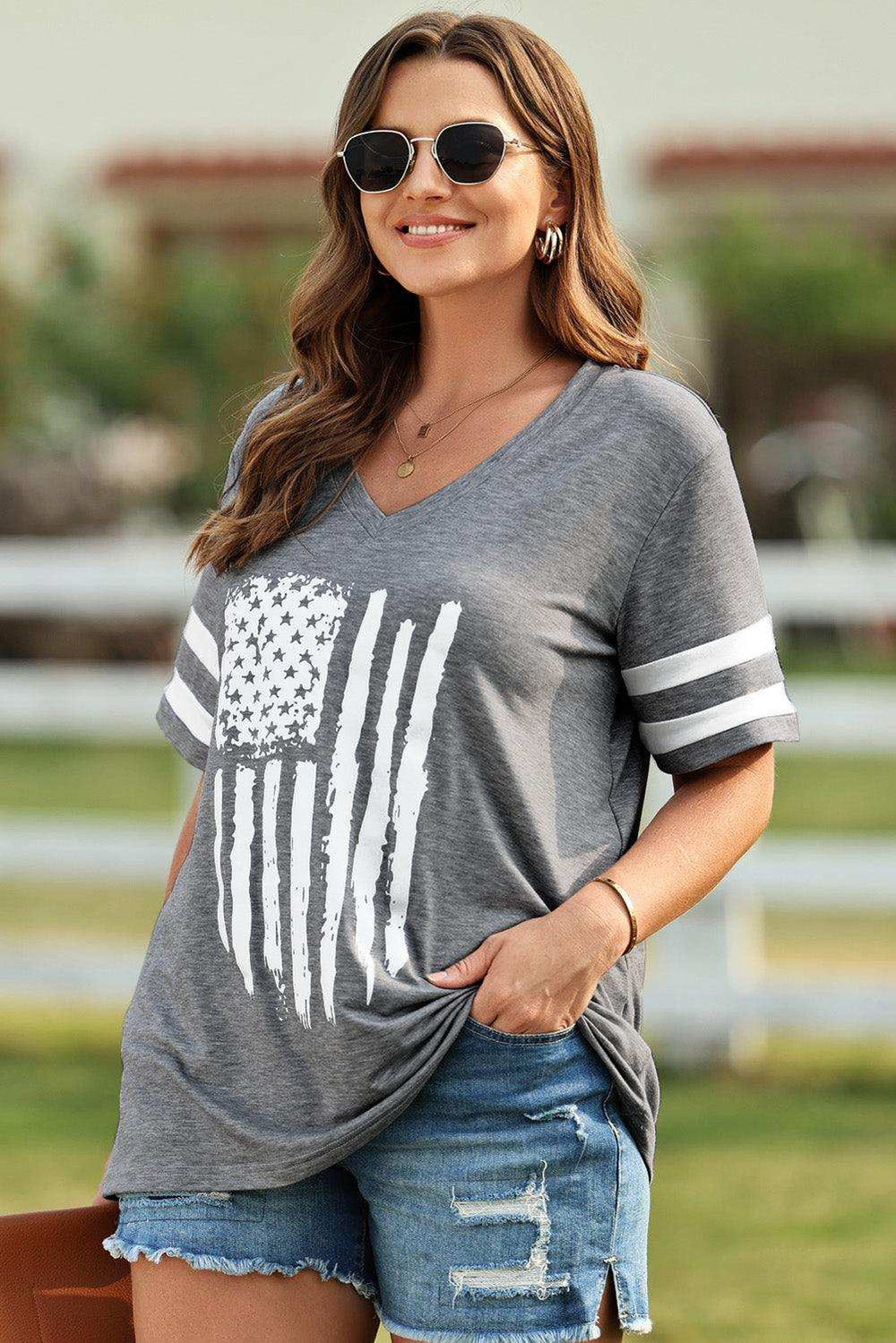 Plus Size US Flag Graphic V-Neck Tee - Trendsi - Flyclothing LLC