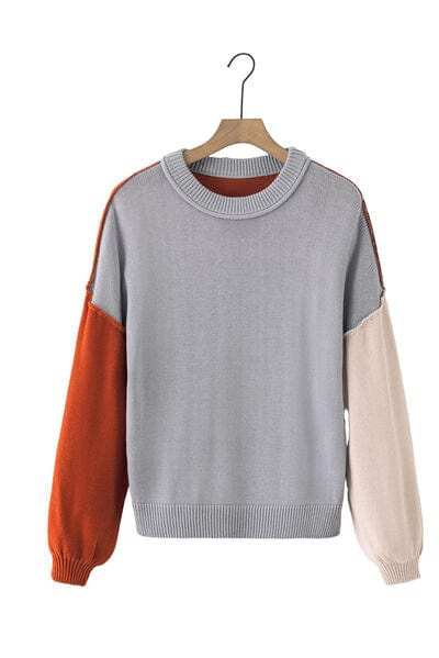 Contrast Round Neck Dropped Shoulder Sweater - Trendsi - Flyclothing LLC