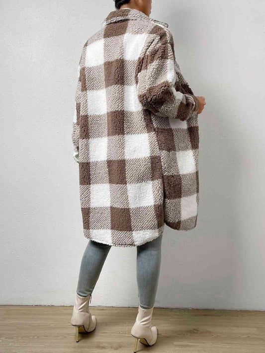Plaid Collared Neck Button Down Coat - Trendsi