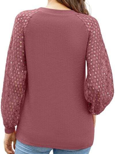 Full Size Eyelet Round Neck Long Sleeve T-Shirt - Trendsi - Flyclothing LLC