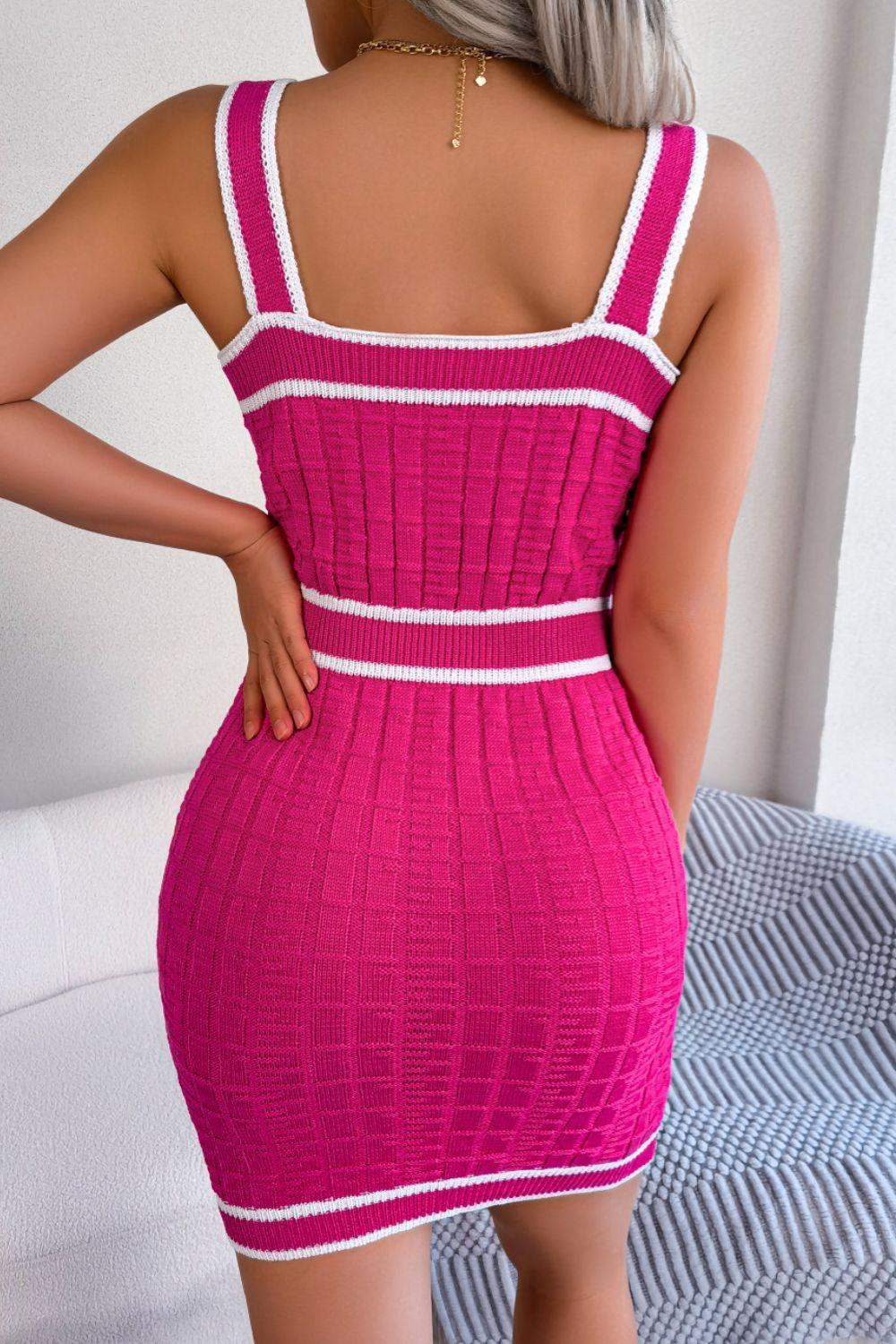Contrast Trim Decorative Button Sleeveless Knit Dress - Trendsi - Flyclothing LLC