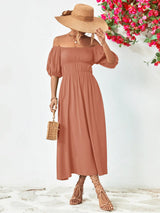 Off-Shoulder Balloon Sleeve Midi Dress - Trendsi - Flyclothing LLC