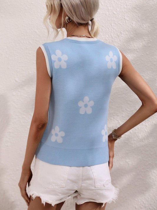 Floral Contrast Ribbed Trim Sweater Vest - Trendsi - Flyclothing LLC